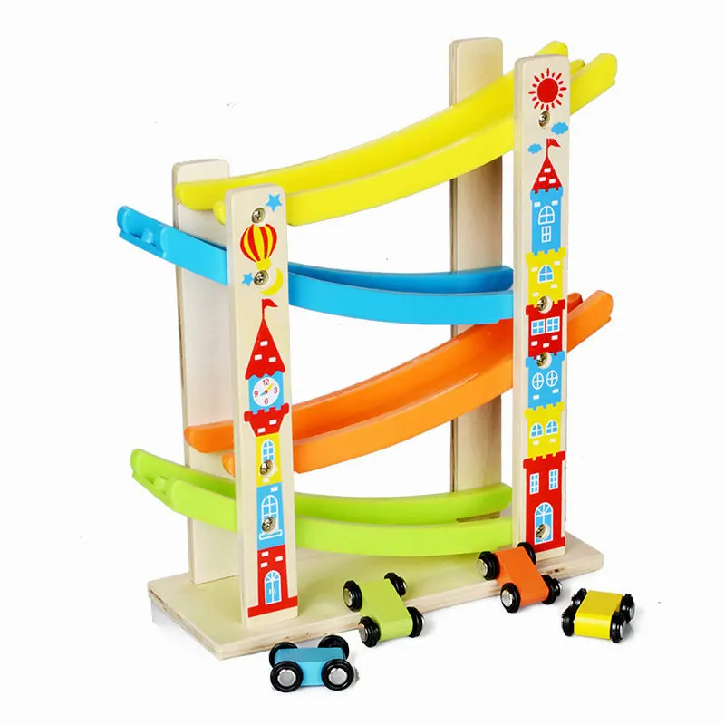 Children's Assembly Four-rail car Inertia car Roller coaster, early education wood toys, Intelligent children Classic wooden toy