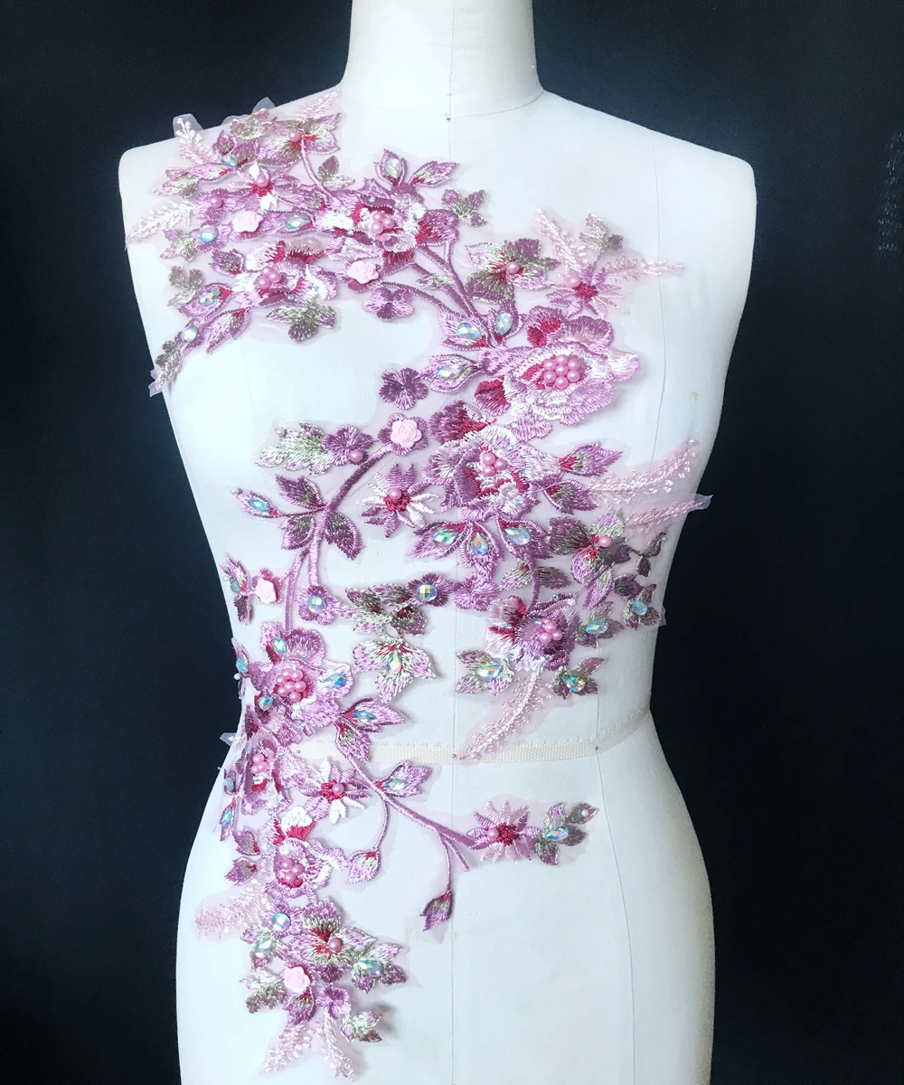 

sew on rhinestones beads embroidery flower multicolored pink lace applique trim patches 60*30cm for dress DIY accessories