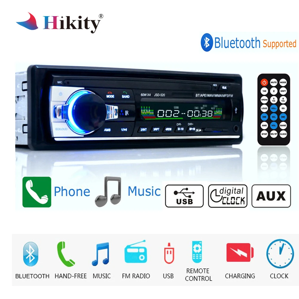 Hikity autoradio 12V JSD-520 Car Radio Bluetooth 1 din Car Stereo Player AUX-IN MP3 FM radio Remote Control for phone Car Audio