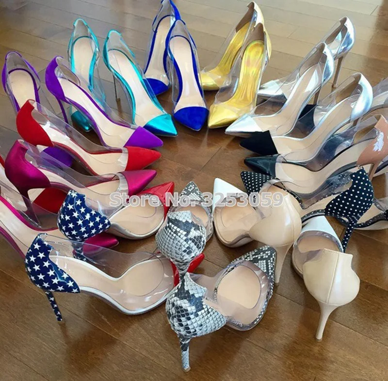 Designer Women Transparent PVC Pointed Toe Pumps Patchwork Clear See Through Patent Leather Shoes 10CM High Heel Dress Shoes Designer Women Transparent PVC Pointed Toe Pumps Patchwork Clear See Through Patent Leather Shoes 10CM High Heel Dress Shoes