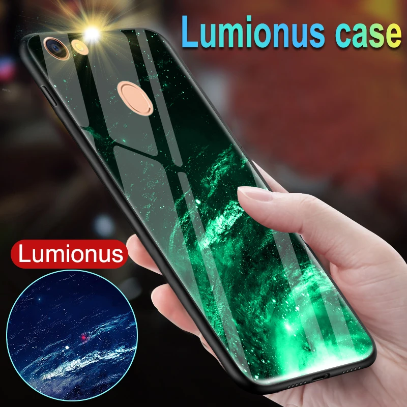

Luxury Luminous Glass Case For OPPO Reno A59 A71 A79 A83 A3S A7 Shine Glow Sky Space Cover For OPPO Realme 1 F1S F5 F7 Youth