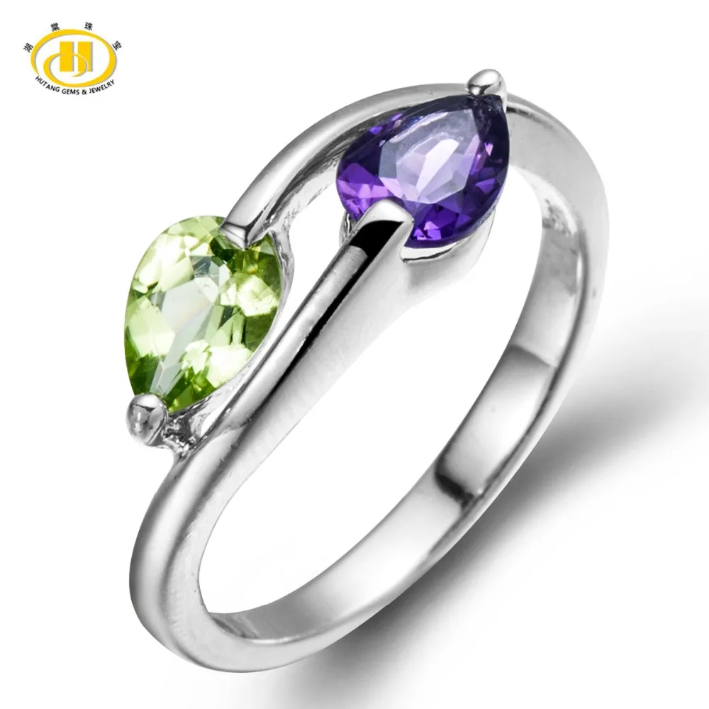 

Hutang Trendy Genuine Peridot & Amethyst Solid 925 Sterling Silver Ring For Women Fine Jewelry Pear Gemstone Rings For Women