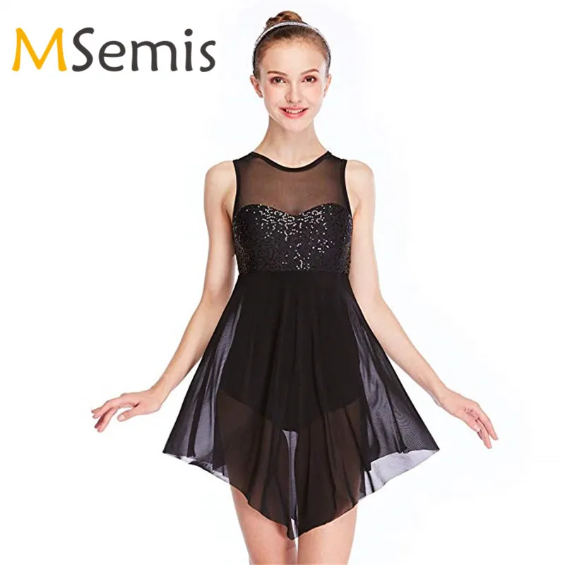 

Ballet Leotards for Women Adult Ballet Dresses Sequin Asymmetric Mesh Criss Cross Back Dress Leotard Bodysuit Ballet Dance Dress