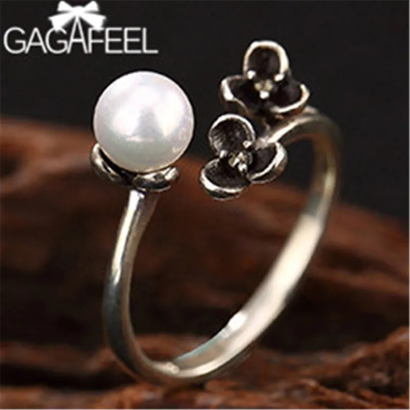 

GAGAFEEL Retro Real Silver Pearl Ring for Women 925 Sterling Silver Rings Adjustable Female Fashion Jewelry