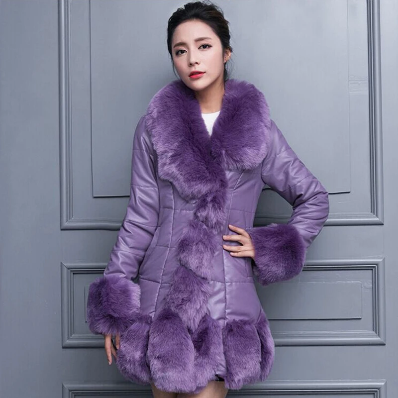 Женское зимнее пальто из искусственного меха с длинным рукавом, тонкое пальто, теплое мягкое пальто с воротником из лисьего меха, верхняя одежда черного и белого цвета, Femininos - Цвет: purple