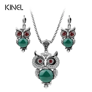

Kinel Vintage Jewelry Owl Necklace Earring Jewelry Sets Color Silver Mosaic Resin And Crystal Necklace For Women Gift