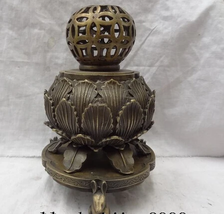 

JP S62 10" Marked Chinese Bronze Rabbit Lotus Statue Flower Ball Incense Burner Censer