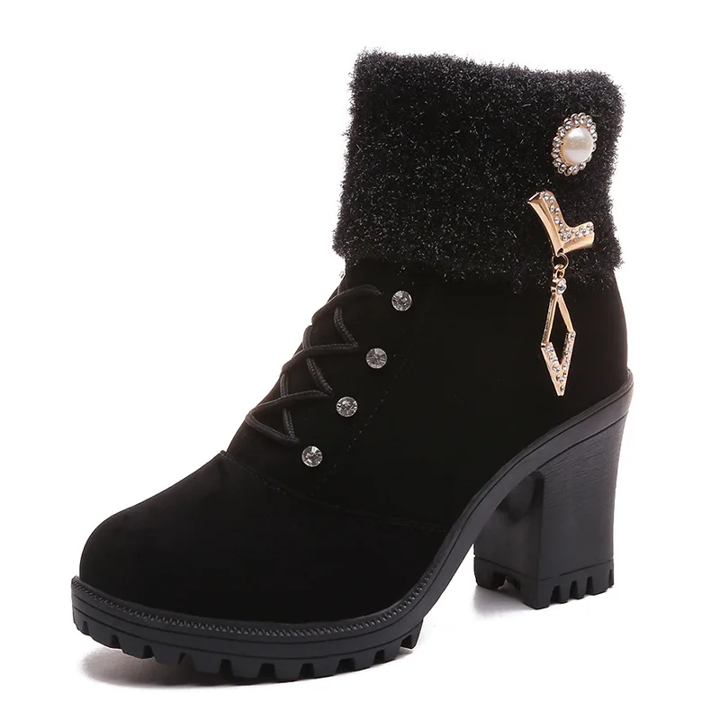 2018 autumn and winter new Martin boots thick with warm high-heeled women's boots black ljj 0225