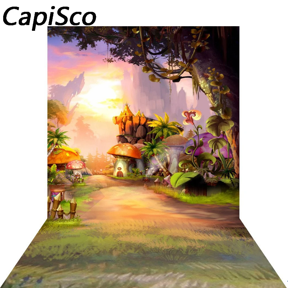 

Capisco Fairytale Mushroom House Flowers Path Photography Backgrounds Children's birthday Photo Studio Custom Photo Backdrops