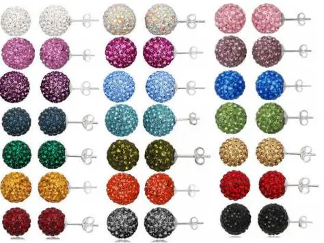

30pair/lot 10mm micro disco ball mixed white multicolor stainless steel Crystal Beads stud earrings silver plated l362