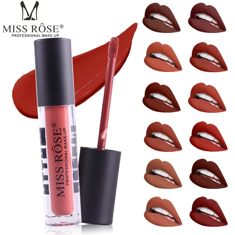 

MISS ROSE 12 color matte lip gloss transparent tube matte black cover is not easy to fade waterproof lip makeup