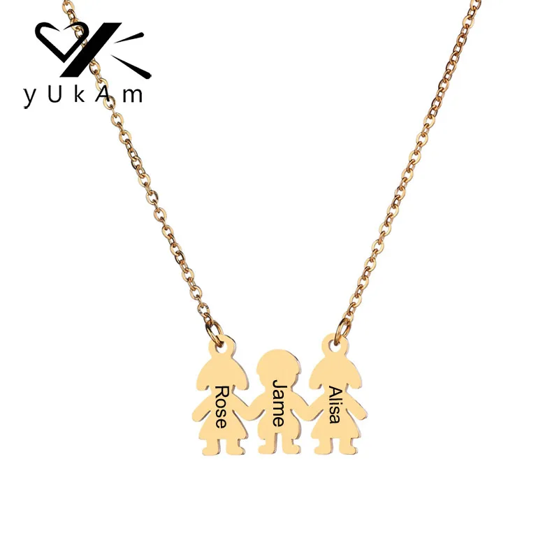 

YUKAM Simple Gold Stainless Steel Family Pendant Necklaces Personalized Custom Name Engraved Sister Brother Friendship Necklaces