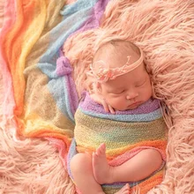 D&J Iridescence Stretchable Xmas Knitted Wraps Newborn Photography Props Rainbow Baby Blankets Handmade Infant Receiving Blanket handmade blanket for newborn baby photo props crochet rose flowers pink floral knitted receiving blankets photography props