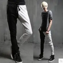 Весна Лето Мужская одежда тонкая индивидуальность черные белые Лоскутные Повседневные узкие брюки шаровары певица костюмы m-xxl