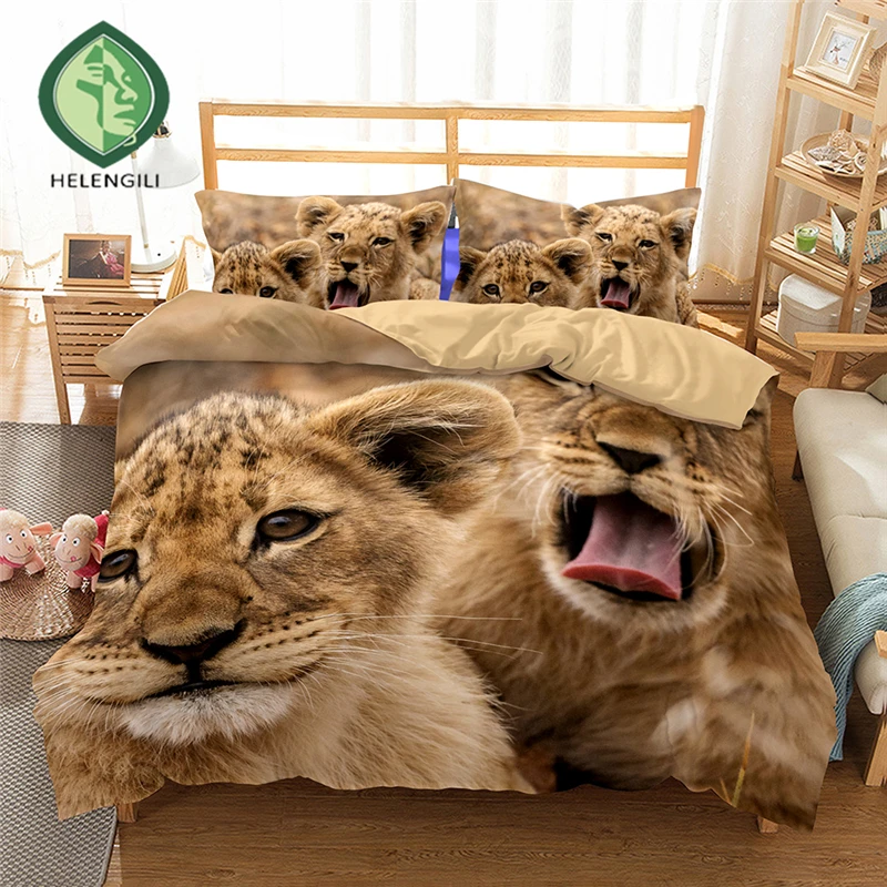 

HELENGILI 3D Bedding set Lion Print Duvet cover set lifelike bedclothes with pillowcase bed set home Textiles #2-01