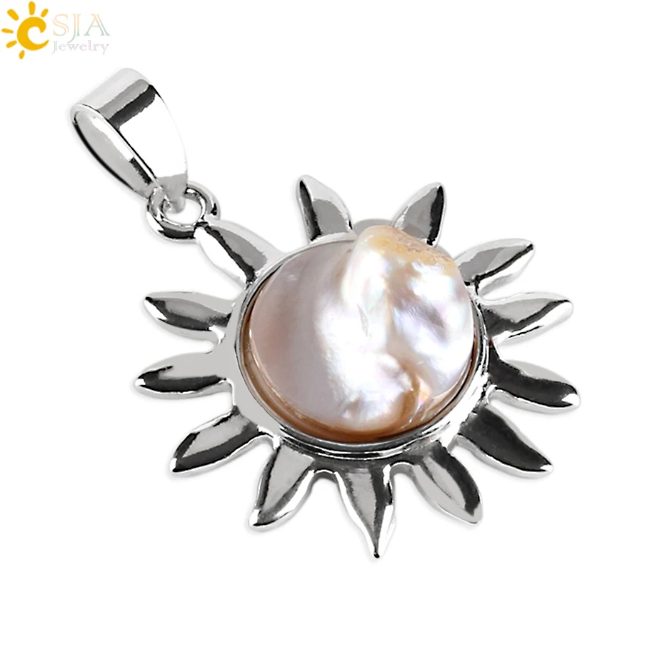 

CSJA 2017 Irregular Natural Pearl Pendants Sun Sunflower Necklaces Chain Gem Raw Color Charms Women Men Unique Body Jewelry E464