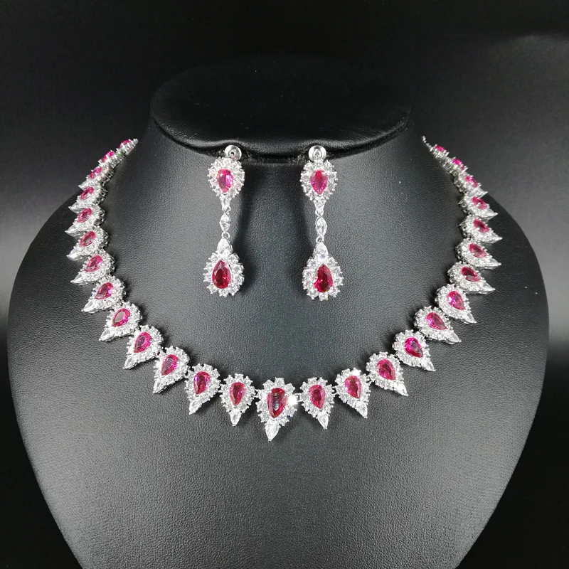 

NEW FASHION elegant retro RED water drop zircon necklace earring wedding bride banquet dress formal jewelry set free shipping