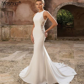 

Elegant Muslim Mermaid Wedding Dresses Simple Lace Illusion abito da sposa Dubai Arabic Boho Wedding Dress Bridal Dress