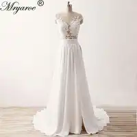 Mryarce Beach Wedding Dress 2019 Sheer Bodice Lace Appliqued Flowing Chiffon Split Bridal Gowns With Cap Sleeves