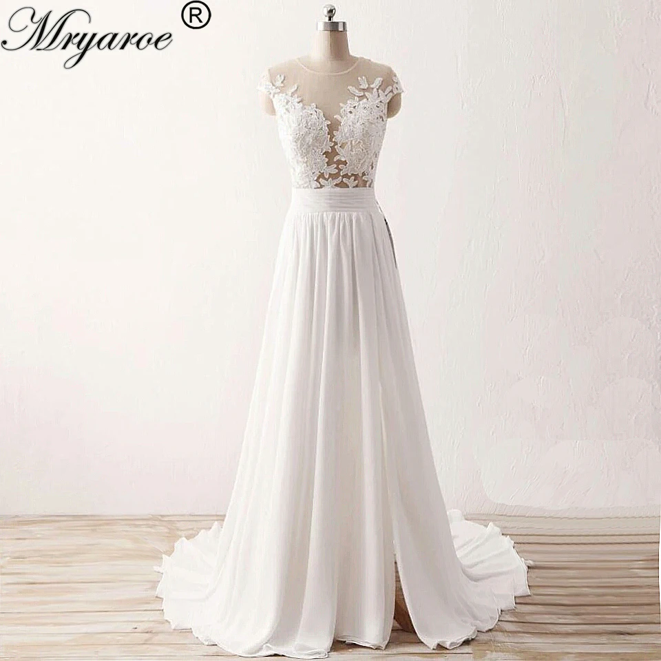 Mryarce Strand Hochzeit Kleid 2019 Sheer Mieder Spitze Appliqued Fliessende Chiffon Split Brautkleider Mit Kappen Hulsen Slit Wedding Dress Beach Wedding Dresswedding Dress 2017 Aliexpress