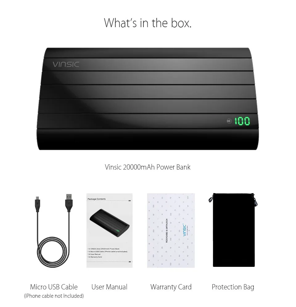 Vinsic черный 20000 мАч банк питания смарт идентификация двойное внешнее зарядное usb-устройство для аккумулятора для iPhone X 8 8 Plus samsung Xiaomi htc