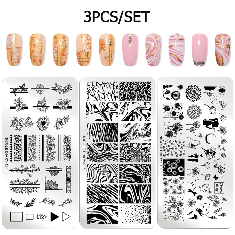 NICOLE дневник ногтей штамповки пластины набор мраморные Геометрические Цветочные изображения дизайн штамп Шаблоны Печать Искусство Инструменты для трафаретов комплект
