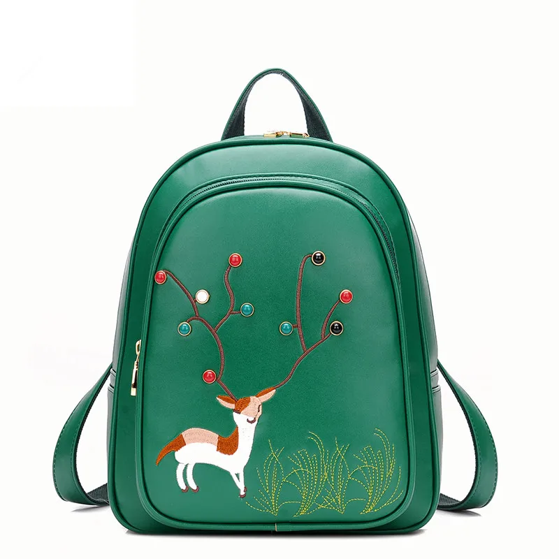 Brand Deer Pattern Embroidery Backpacks Women High grade Leather Backpack Fashion School Bags for Teenager Girls