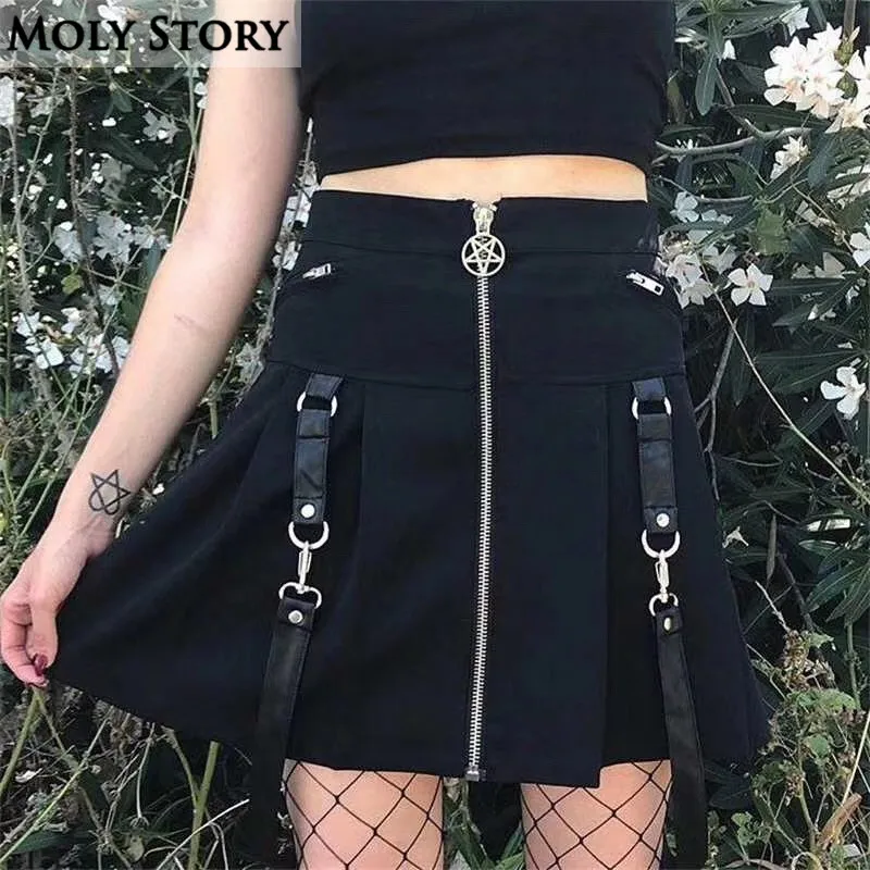 Новая мода молния черный Панк Rave юбки женские с высокой талией плиссированные юбки Jupes Femme Taille Haute