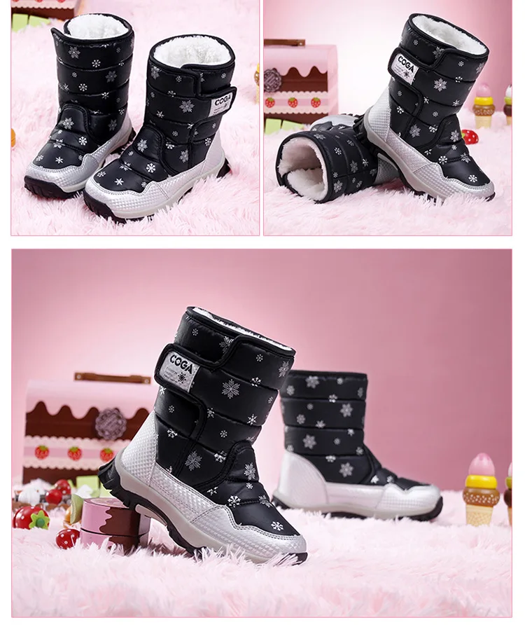 Зимние ботинки для мальчиков и девочек; снежный принт; теплые короткие ботинки; детская повседневная обувь; Botte Enfant FIlle; Цвет черный, фиолетовый, розовый; детская обувь на плоской подошве; 26-38