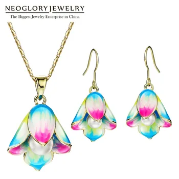 

Neoglory Flower Simulated Pearl Necklaces Enamel Earrings Light Yellow Gold Color Jewelry Sets Colorful for Women 2020 Gifts