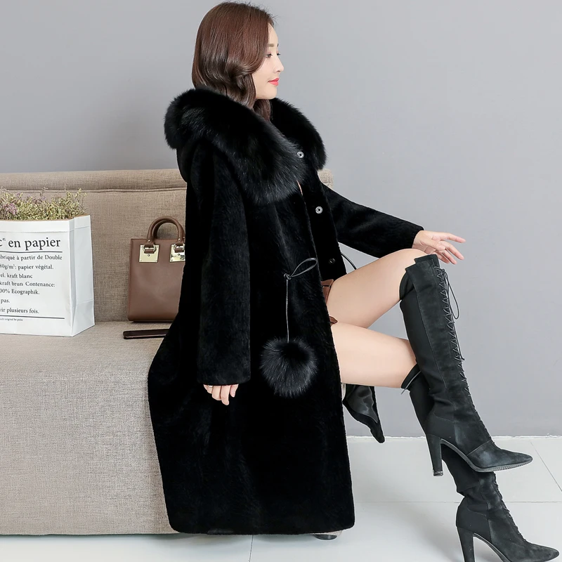 Fox Fur Collar Hooded Faux Fur Coat Women Winter Long Fake Fur Jacket Women Overcoat Plus size Elegant Thick Warm Outwear Female