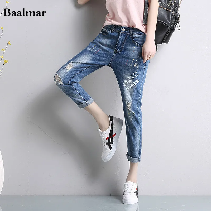 

Baalmar Large Size Women Fat MM Waist Jeans Eighth Hole Jeans Woman Boyfriend Jeans For Women Ripped Jeans For Women