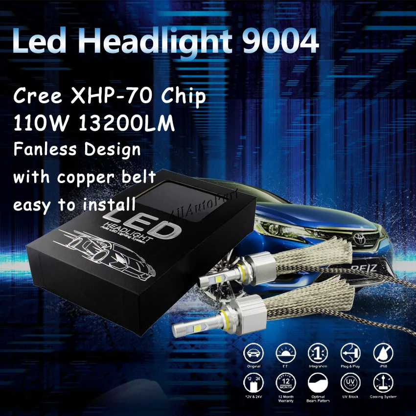 

13200LM Super Bright Fanless 12V 24V 110W H7 Car XHP70 Chips LED HeadLight Bulbs White 6000K