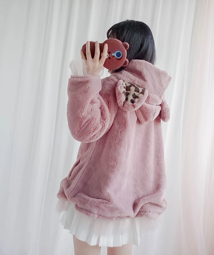 Зимние японские мягкие теплые пальто для девочек милая плюшевая Меховая куртка Лолита с медвежьими ушками