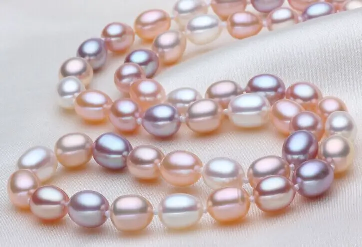

18"8.5X10mm Natural south sea genuine PINK LAVENDER drop pearl necklace AAA
