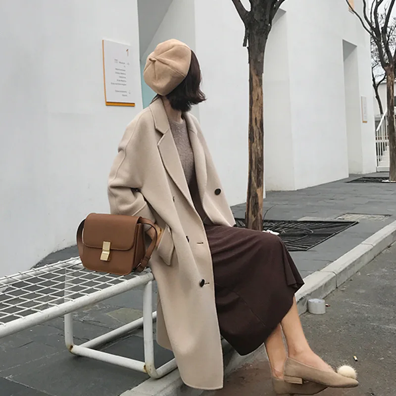 Femme Manteau Veste Pour Mélange Nouvelle Solide Longue Pleine Double Breasted Laine Lâche Coréenne Beige De Mode Femmes Manches Wqw774tIY