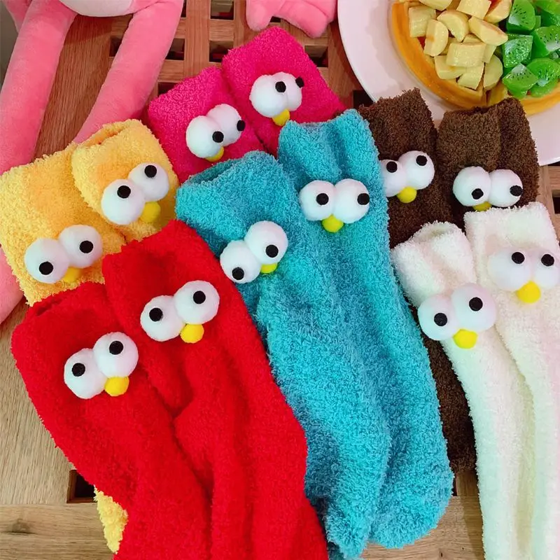 7 Colors Women Girls Winter Thicken Coral Fleece Floor Long Crew Towel Socks Solid Color Cute Cartoon Big Eyes Decor Velvet Indo