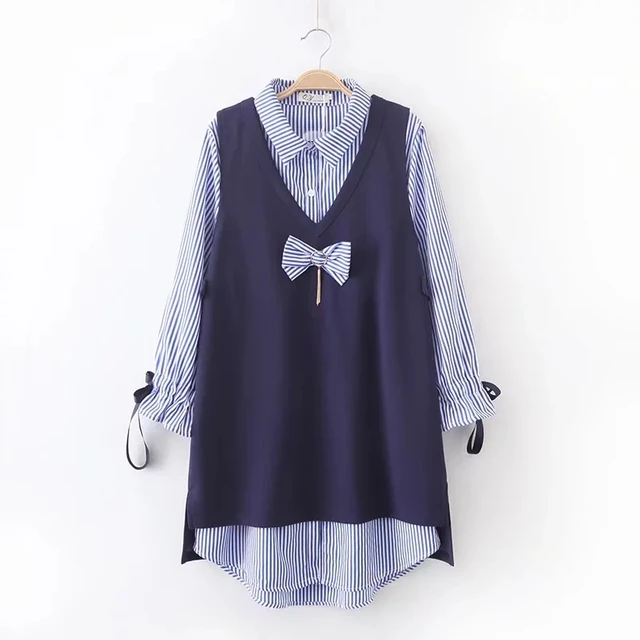 Best Offers Fashion Large Size Women's Sets 2018 Spring Autumn New Plus Size Stripe Shirt + Vest Two-piece Suit Female Long Blouse A301 Best Offers Fashion Large Size Women's Sets 2018 Spring Autumn New Plus Size Stripe Shirt + Vest Two-piece Suit Female Long Blouse A301
