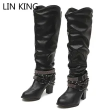 LIN KING/модные женские высокие сапоги; рыцарские сапоги со стразами; сапоги в байкерском стиле в стиле ретро; сапоги до колена на квадратном каблуке с круглым носком; большие размеры 43