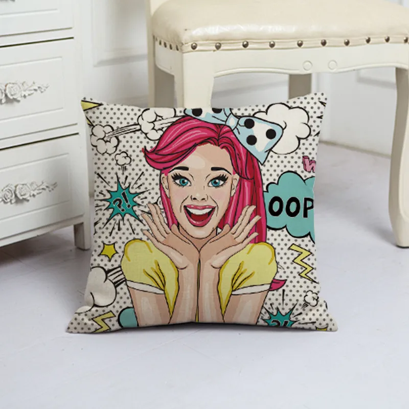 Zara*Women Linen Printed Fashion Curly Hair Girl Cushion Cover 45x45cm Shopping Throw Pillow Covers Gifts For Girlfriend Bedroom