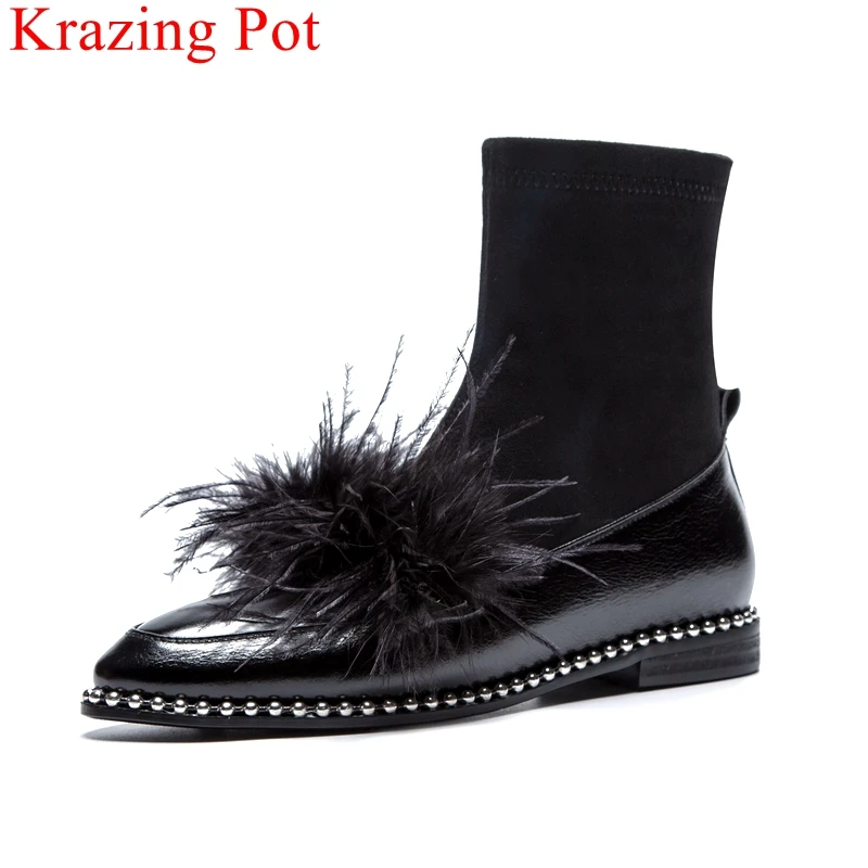 

2018 new arrival big size genuine leather fur low heel round toe women ankle boots rivet office lady brand warm winter shoes L11