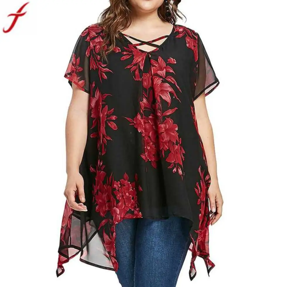 Tops de verano para mujer, Blusa de gasa doble de manga corta, entrecruzado frontal, Floral, Tops de talla grande, 5xl, 2019