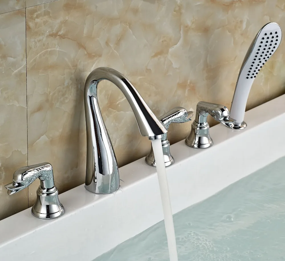 

Bathtub Mixer Faucet Set Widespread Tub Shower Faucet with Handheld Shower Chrome Finish Deck Mount
