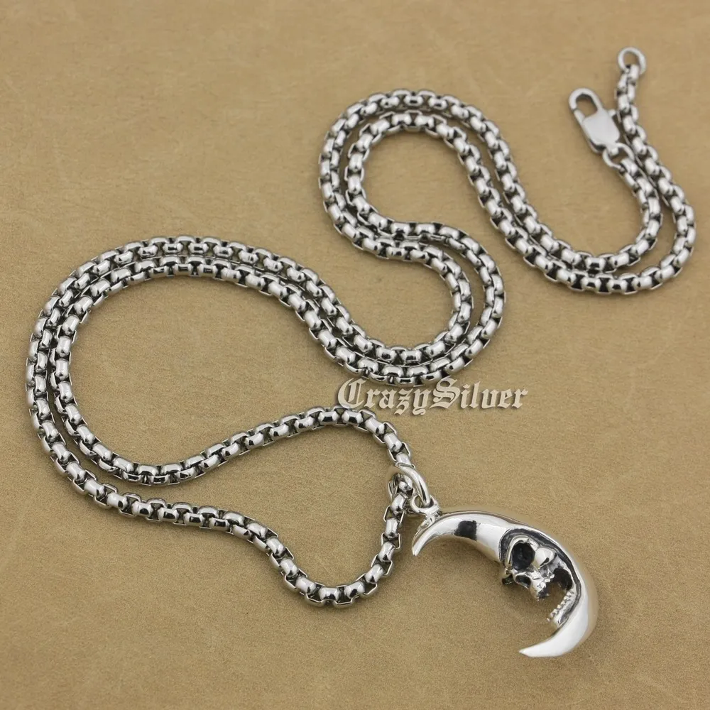 

Crescent Moon Skull 925 Sterling Silver Mens Biker Rocker Punk Pendant 9V010