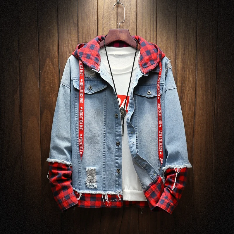 

NEW Denim Jacket Men Patchwork Gold Ribbon Cowboy Punk Rock Men's Jacket High Street Fashion Outwear Men Coat 2018 Autumn