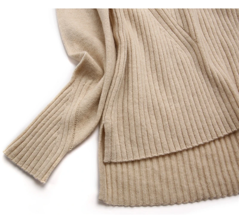  100%goat cashmere twill women's pullover sweater turtleneck irregular length loose wide unique slee