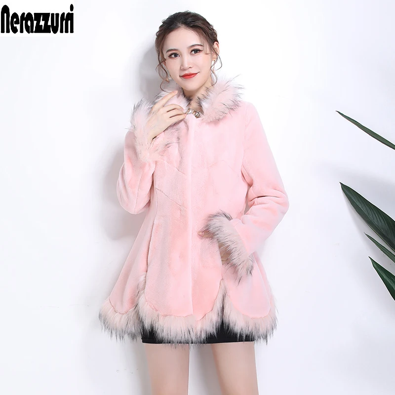 

Nerazzurri Pink Faux Fur Coat Women With Fox Fur Trim long sleeve Casual cute thicken fluffy plus size fake fur jacket 5xl 6xl