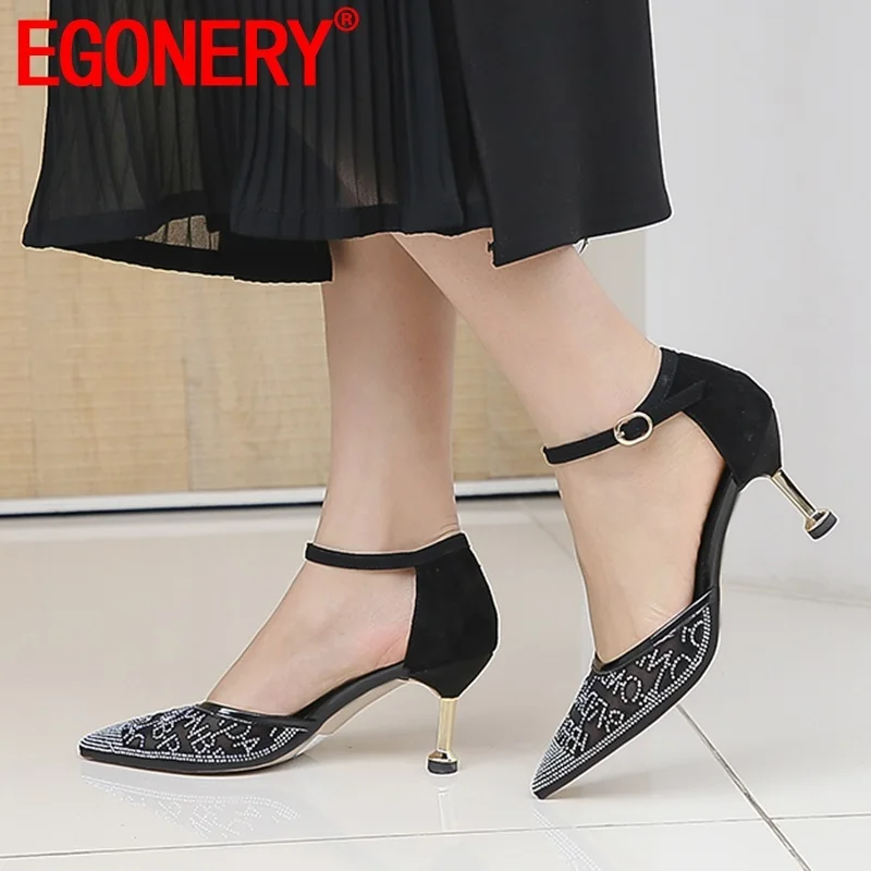 

EGONERY woman shoes summer new fashion sexy pointed toe kid suede woman pumps outside high heels buckle crystal ladies shoes