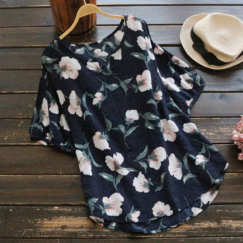 2019 New Summer Women Cotton Linen Top Blouse Soft Floral Print Loose Shirt Femme Casual O neck Plus Size Shirts Casual S-4XL