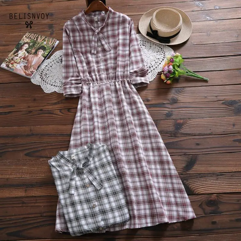 Japonês mori menina vestido longo primavera outono senhora bowknot algodão linho vintage vestido longo feminino manga comprida xadrez vestidos